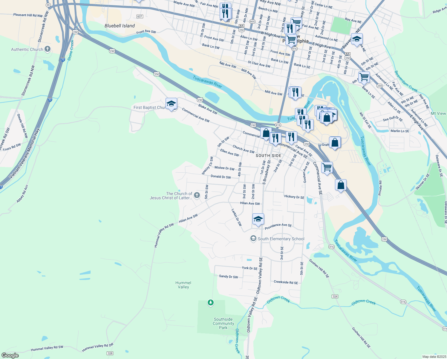map of restaurants, bars, coffee shops, grocery stores, and more near 456 Donald Drive Southwest in New Philadelphia