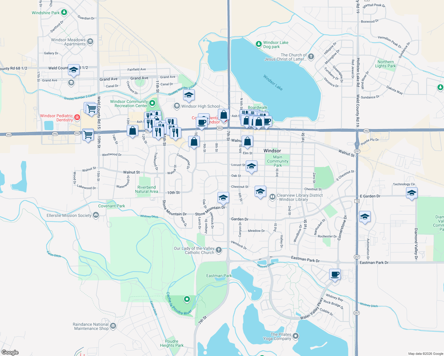 map of restaurants, bars, coffee shops, grocery stores, and more near 717 Oak St in Windsor