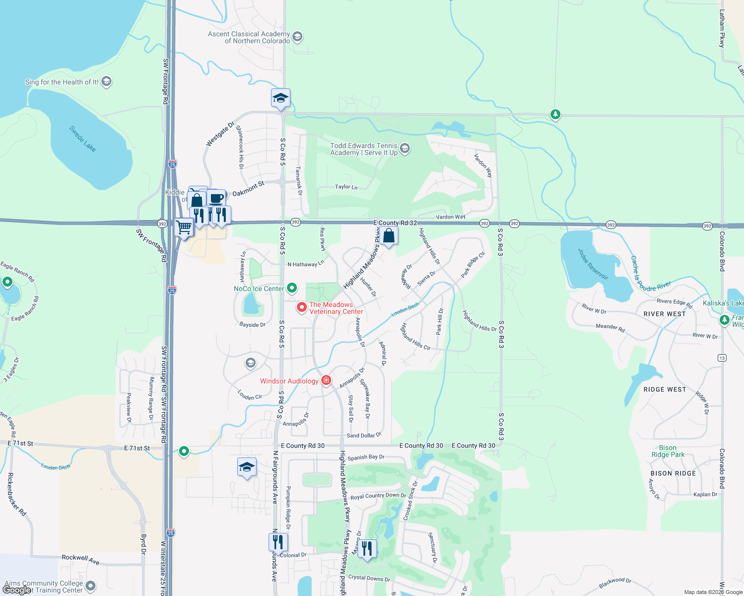map of restaurants, bars, coffee shops, grocery stores, and more near 5447 Hunter Drive in Windsor