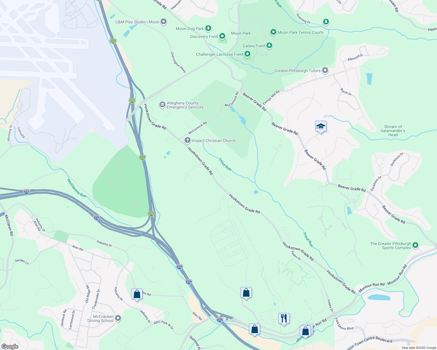 map of restaurants, bars, coffee shops, grocery stores, and more near 227 Noble Woods Drive in Coraopolis