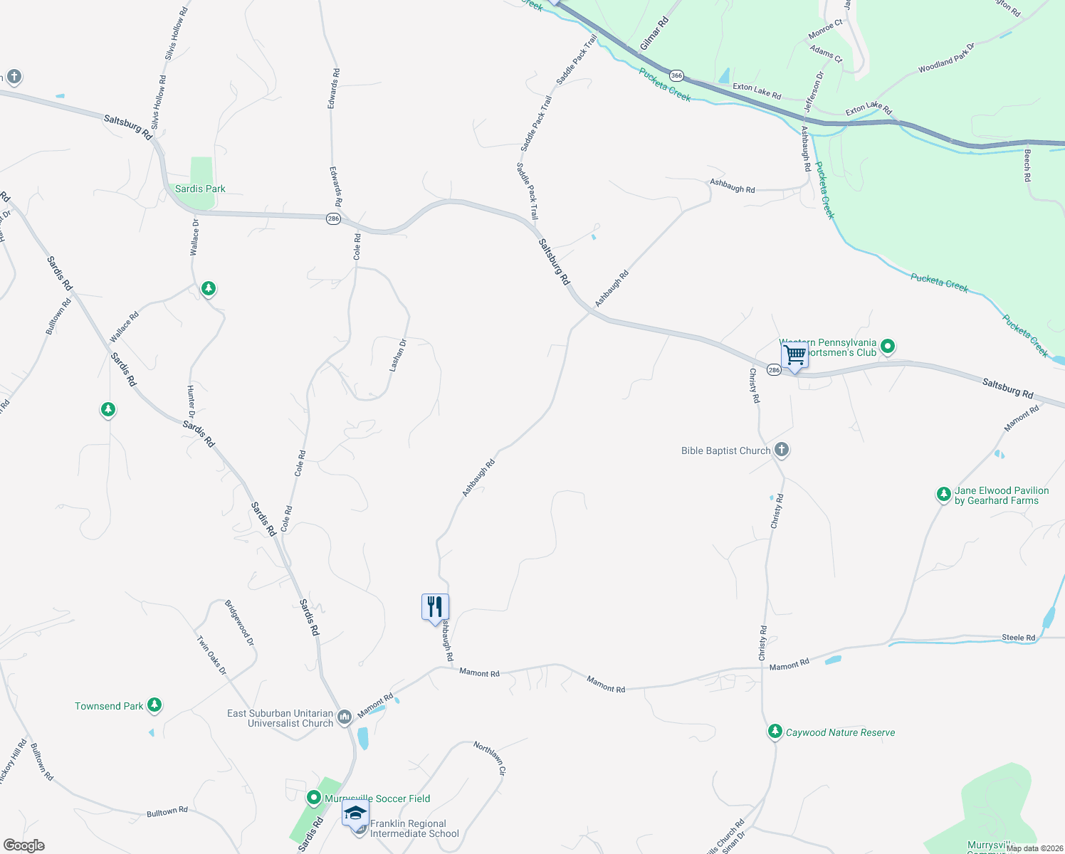 map of restaurants, bars, coffee shops, grocery stores, and more near 4921 Ashbaugh Road in Murrysville