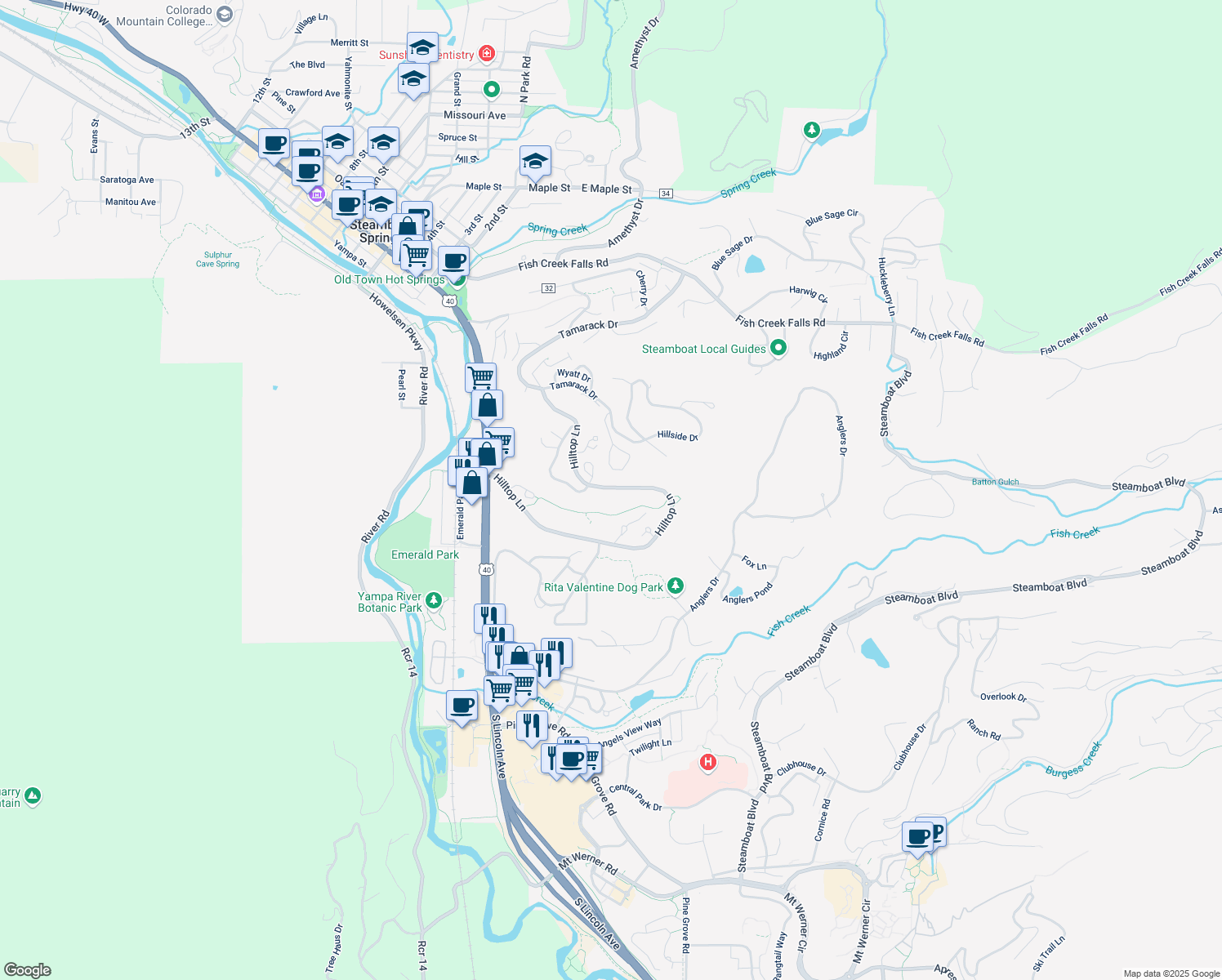 map of restaurants, bars, coffee shops, grocery stores, and more near 755 Hilltop Lane in Steamboat Springs