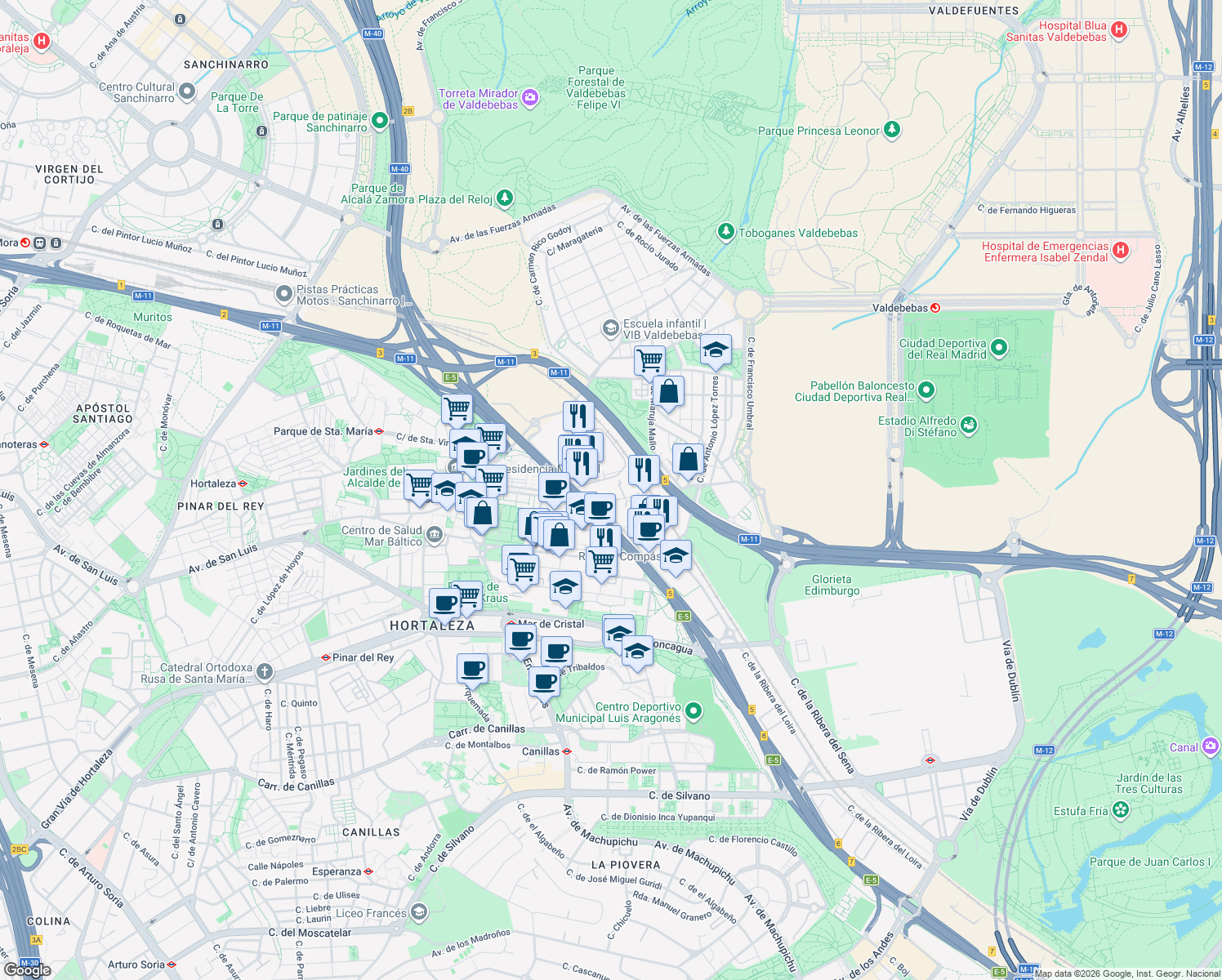 map of restaurants, bars, coffee shops, grocery stores, and more near 7 Calle Vía de los Poblados in Madrid