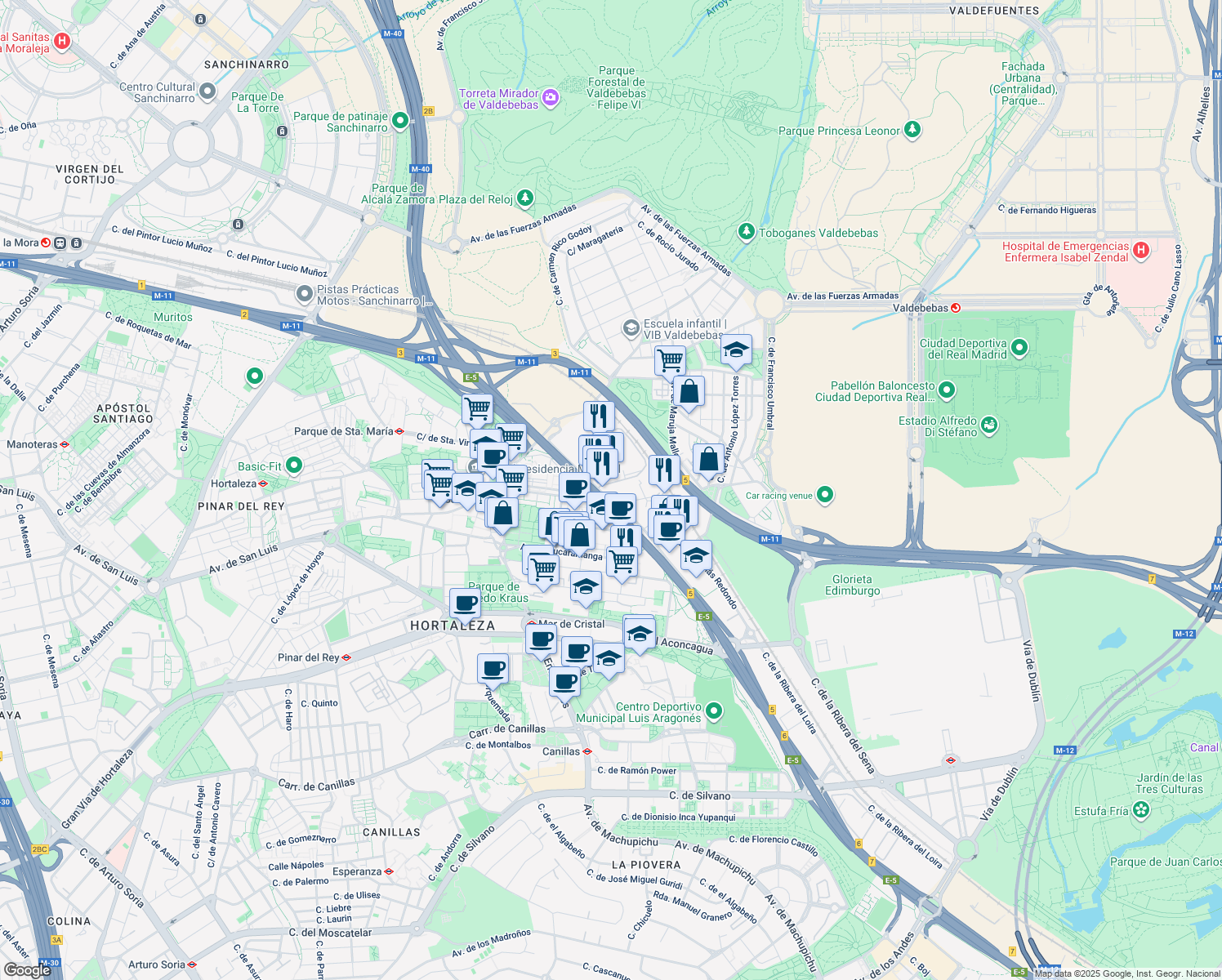 map of restaurants, bars, coffee shops, grocery stores, and more near 3 Vía de los Poblados in Madrid