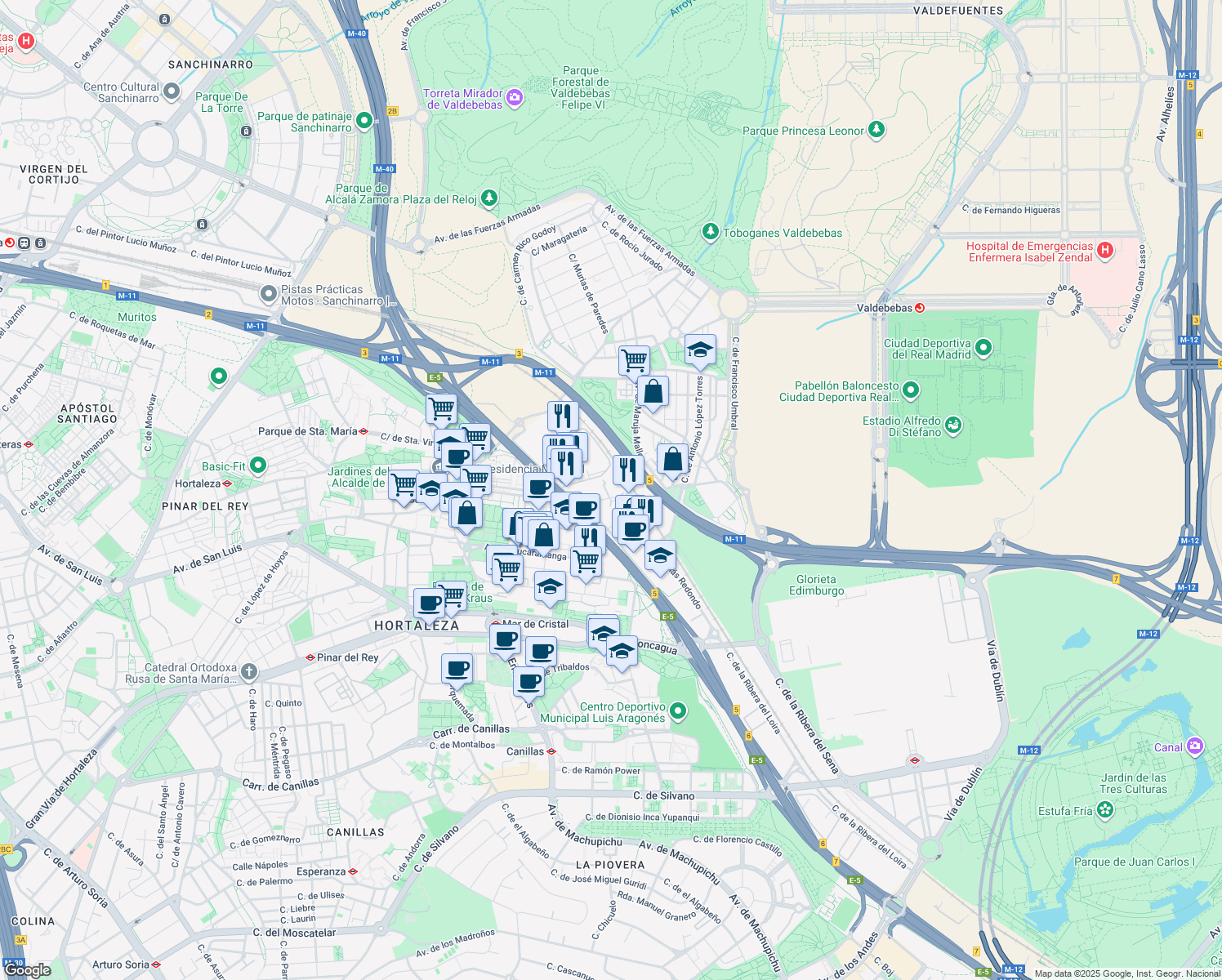 map of restaurants, bars, coffee shops, grocery stores, and more near 9 Calle Vía de los Poblados in Madrid