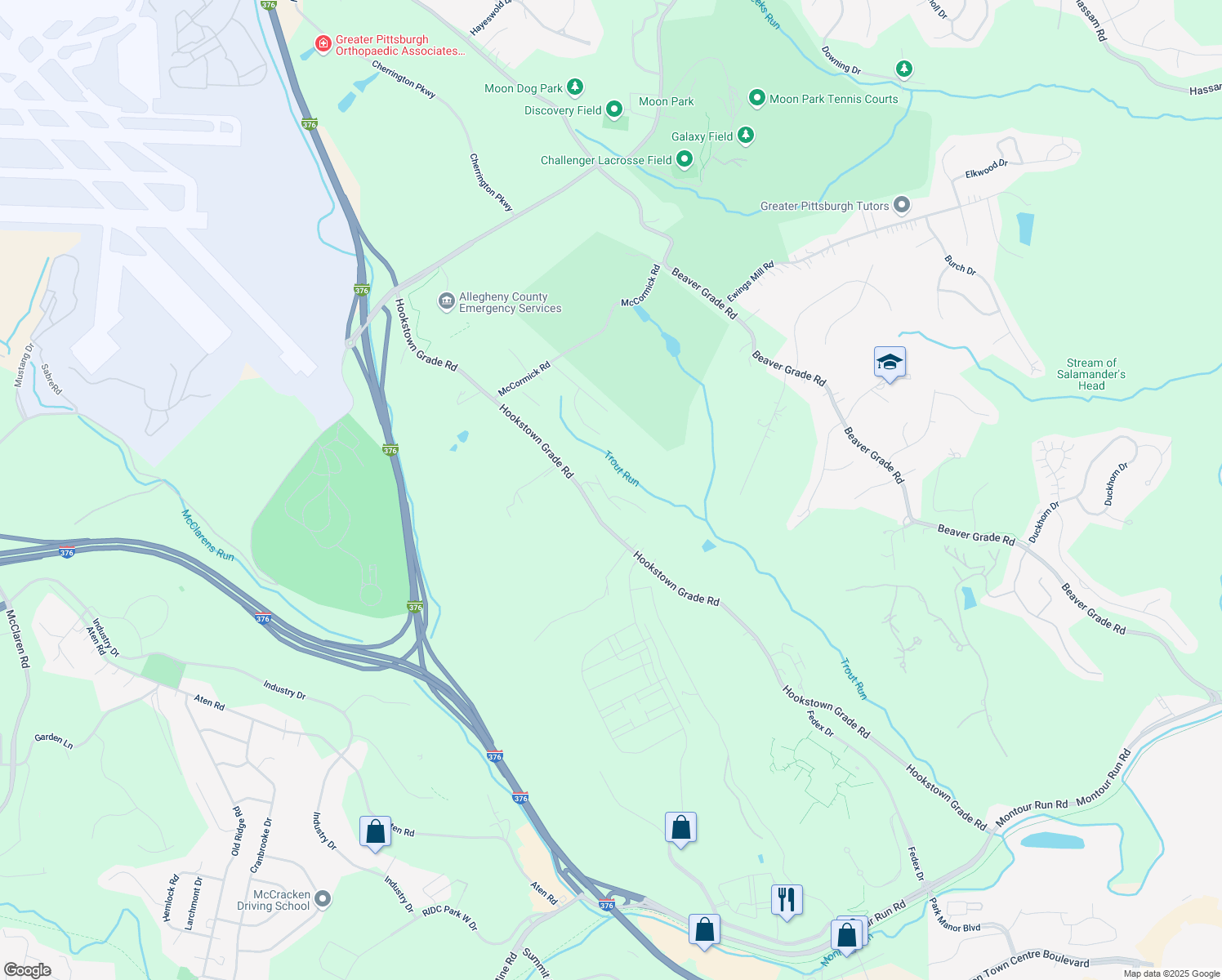 map of restaurants, bars, coffee shops, grocery stores, and more near 227 Noble Woods Drive in Coraopolis