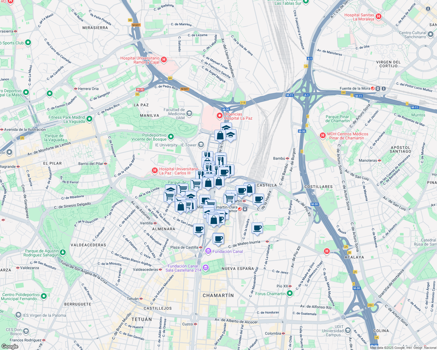 map of restaurants, bars, coffee shops, grocery stores, and more near 278 Paseo de la Castellana in Madrid