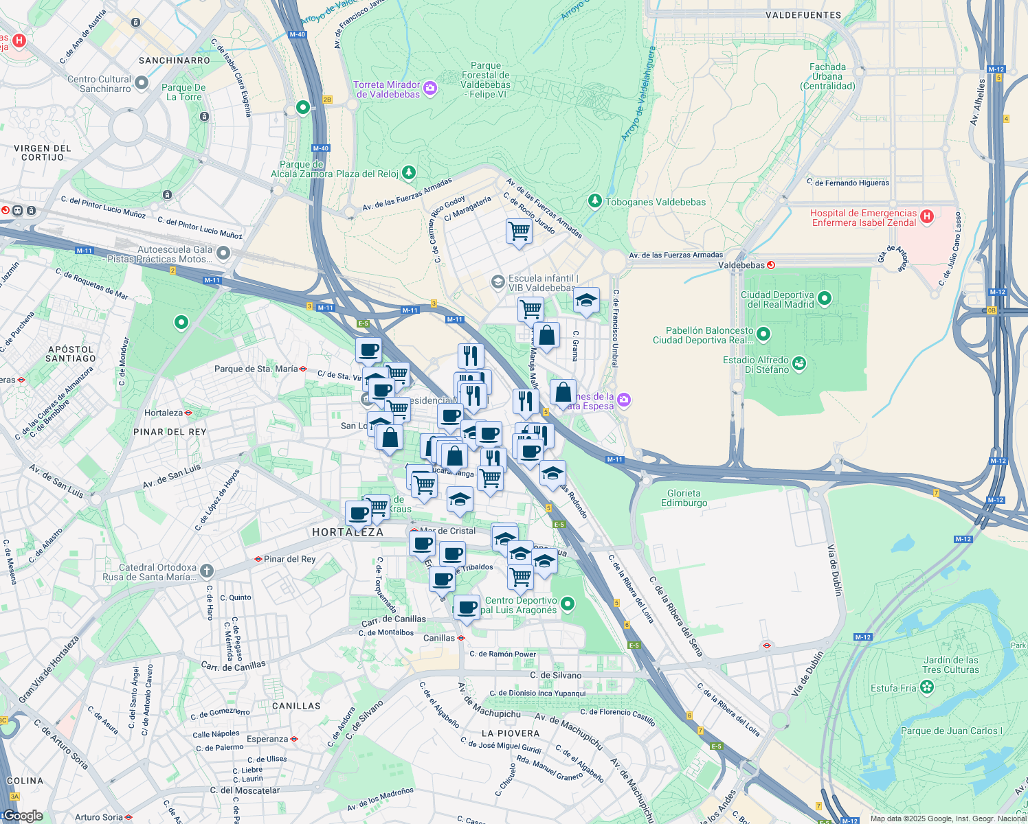 map of restaurants, bars, coffee shops, grocery stores, and more near 9 Calle Vía de los Poblados in Madrid