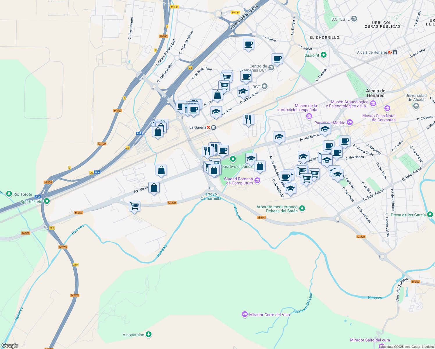 map of restaurants, bars, coffee shops, grocery stores, and more near Calle Antonio Suárez in Alcalá de Henares