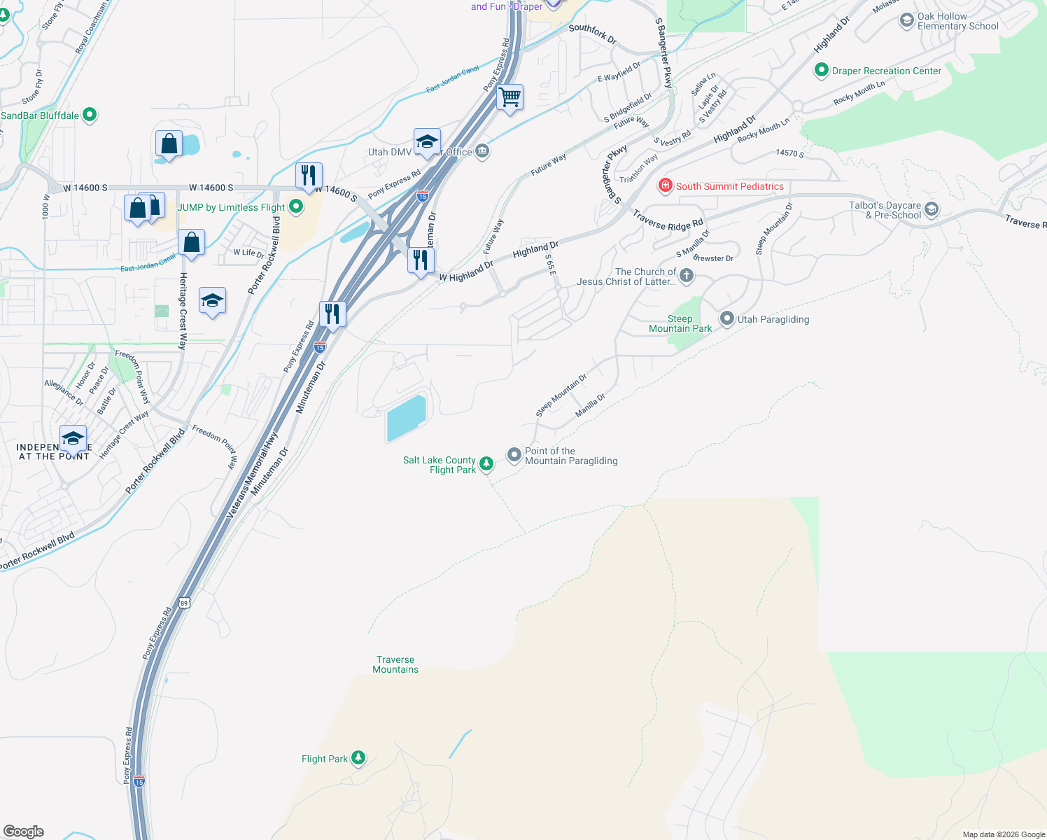 map of restaurants, bars, coffee shops, grocery stores, and more near 23 Manilla Cir in Draper
