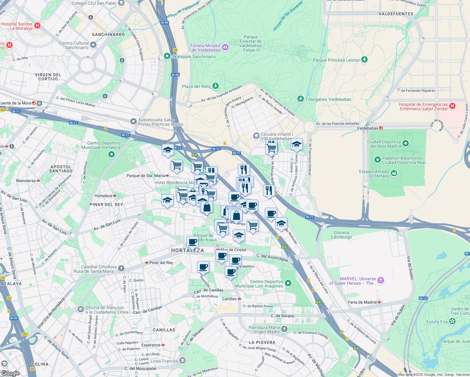 map of restaurants, bars, coffee shops, grocery stores, and more near 1 Calle Vía de los Poblados in Madrid