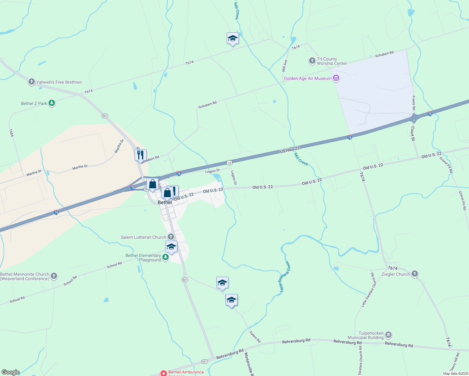 map of restaurants, bars, coffee shops, grocery stores, and more near 9505 Old U.S. 22 in Bethel