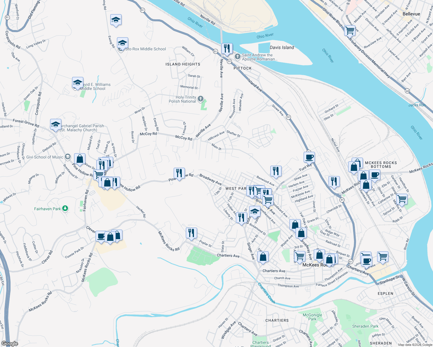 map of restaurants, bars, coffee shops, grocery stores, and more near 1406 Woodward Ave in McKees Rocks