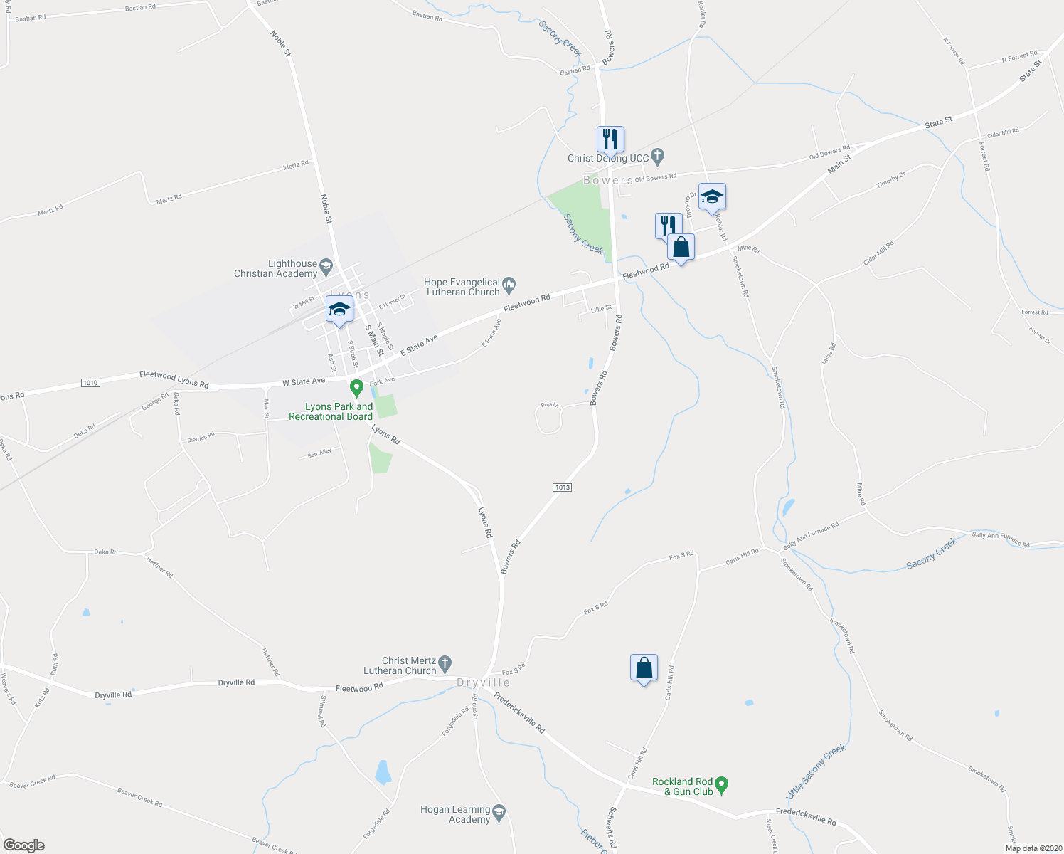 map of restaurants, bars, coffee shops, grocery stores, and more near 137 Roja Lane in Mertztown