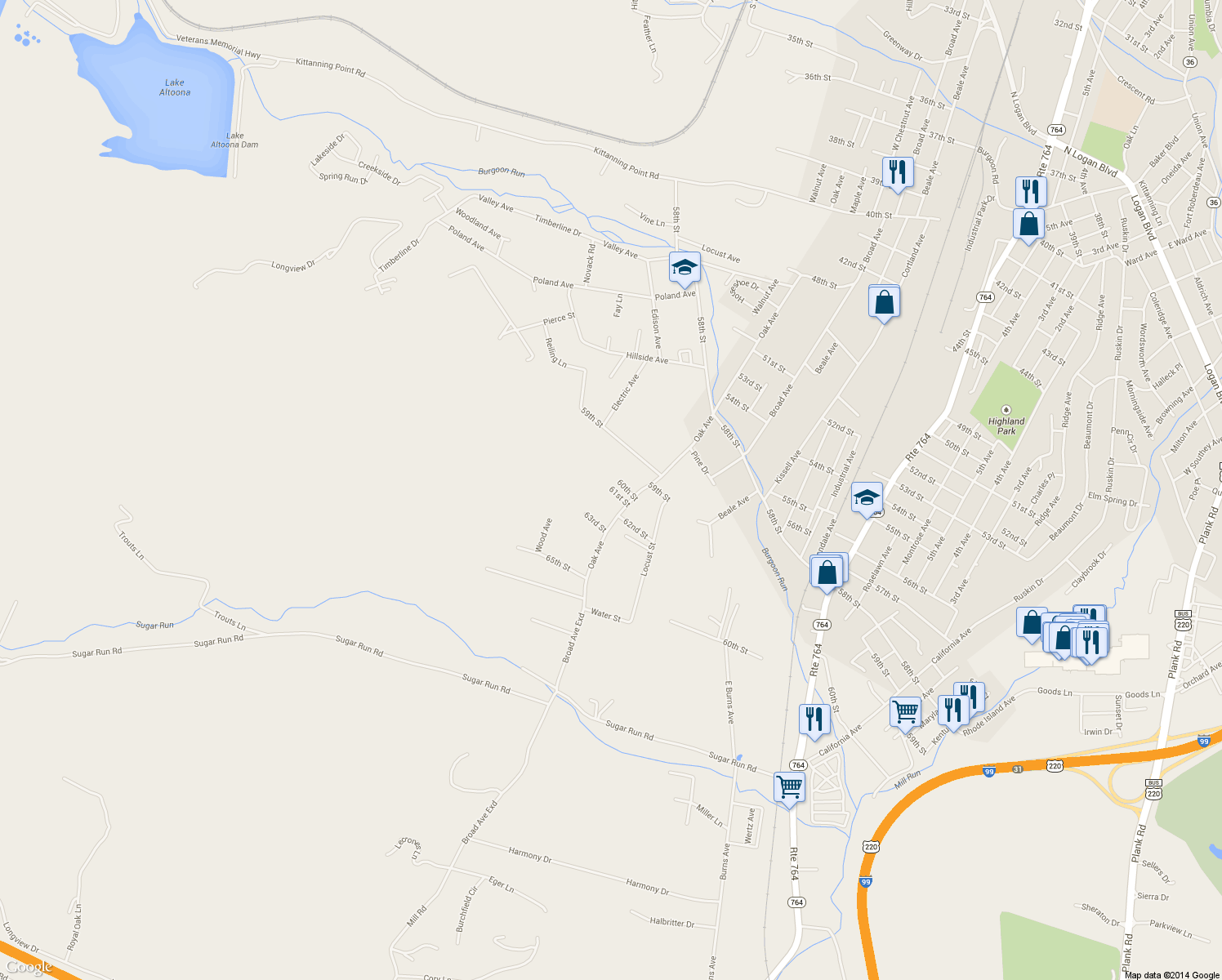 map of restaurants, bars, coffee shops, grocery stores, and more near 61st St in Blair