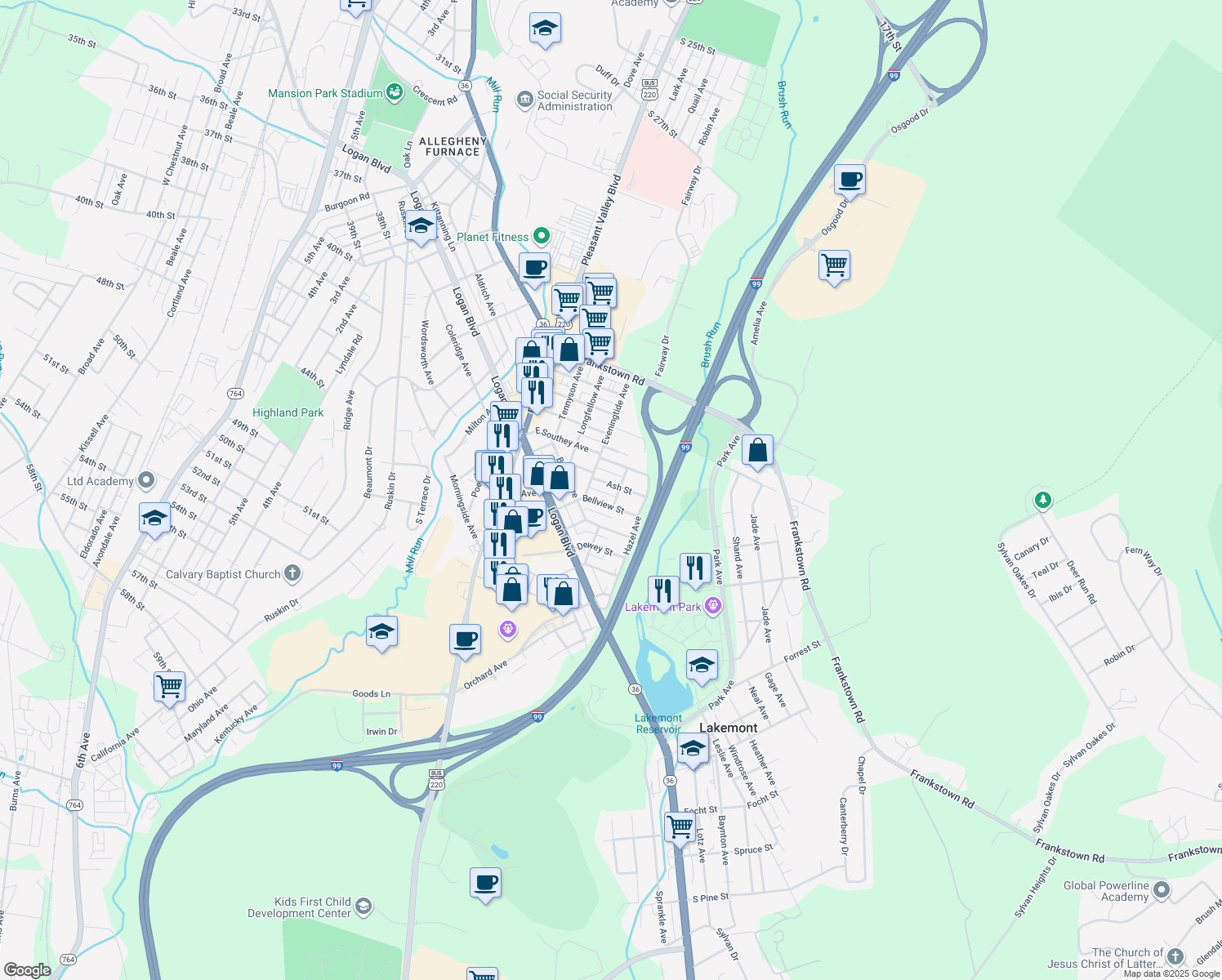 map of restaurants, bars, coffee shops, grocery stores, and more near 420-24 Ash St in Altoona