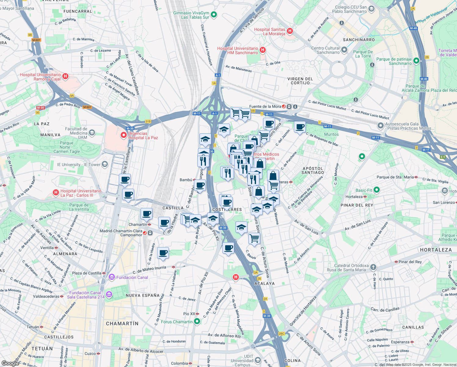 map of restaurants, bars, coffee shops, grocery stores, and more near 56 Calle de Serrano Galvache in Madrid