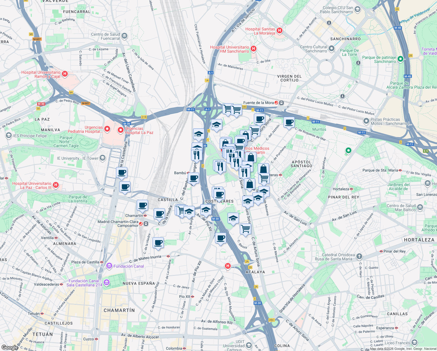 map of restaurants, bars, coffee shops, grocery stores, and more near 56 Calle de Serrano Galvache in Madrid