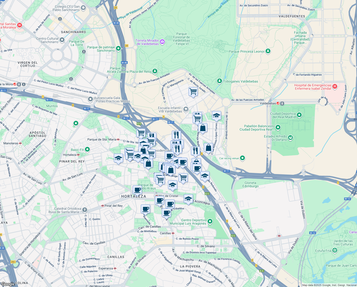 map of restaurants, bars, coffee shops, grocery stores, and more near 3 Vía de los Poblados in Madrid