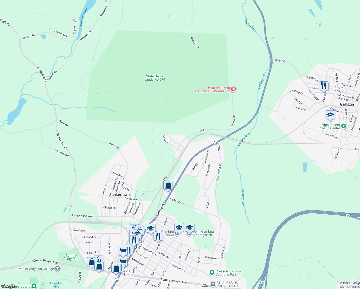 map of restaurants, bars, coffee shops, grocery stores, and more near 187 Coal Rd in Cresson