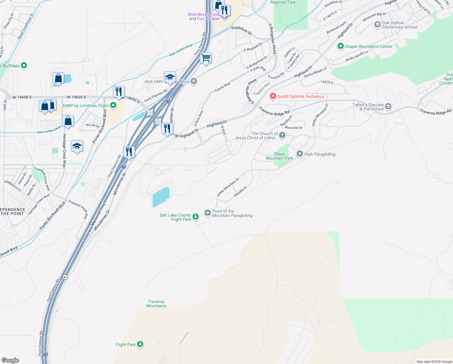 map of restaurants, bars, coffee shops, grocery stores, and more near 15098 Panguitch Place in Draper