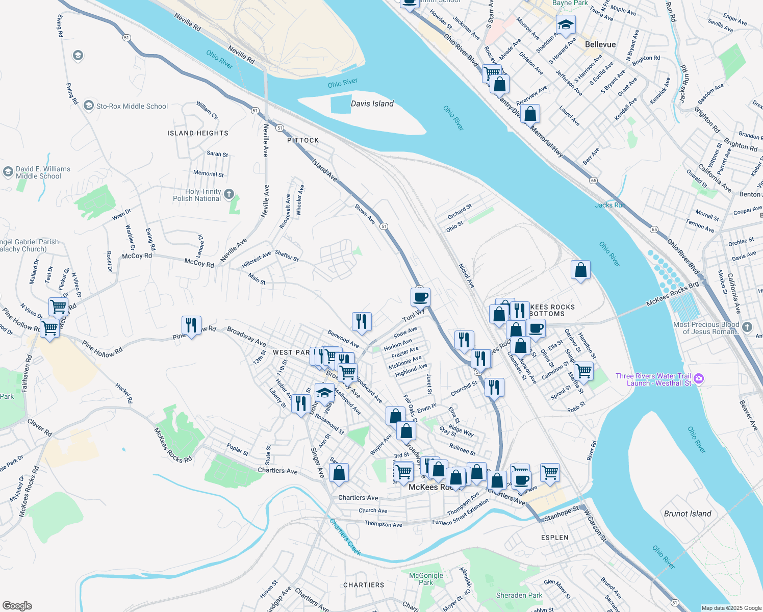 map of restaurants, bars, coffee shops, grocery stores, and more near 1 Young Street in McKees Rocks