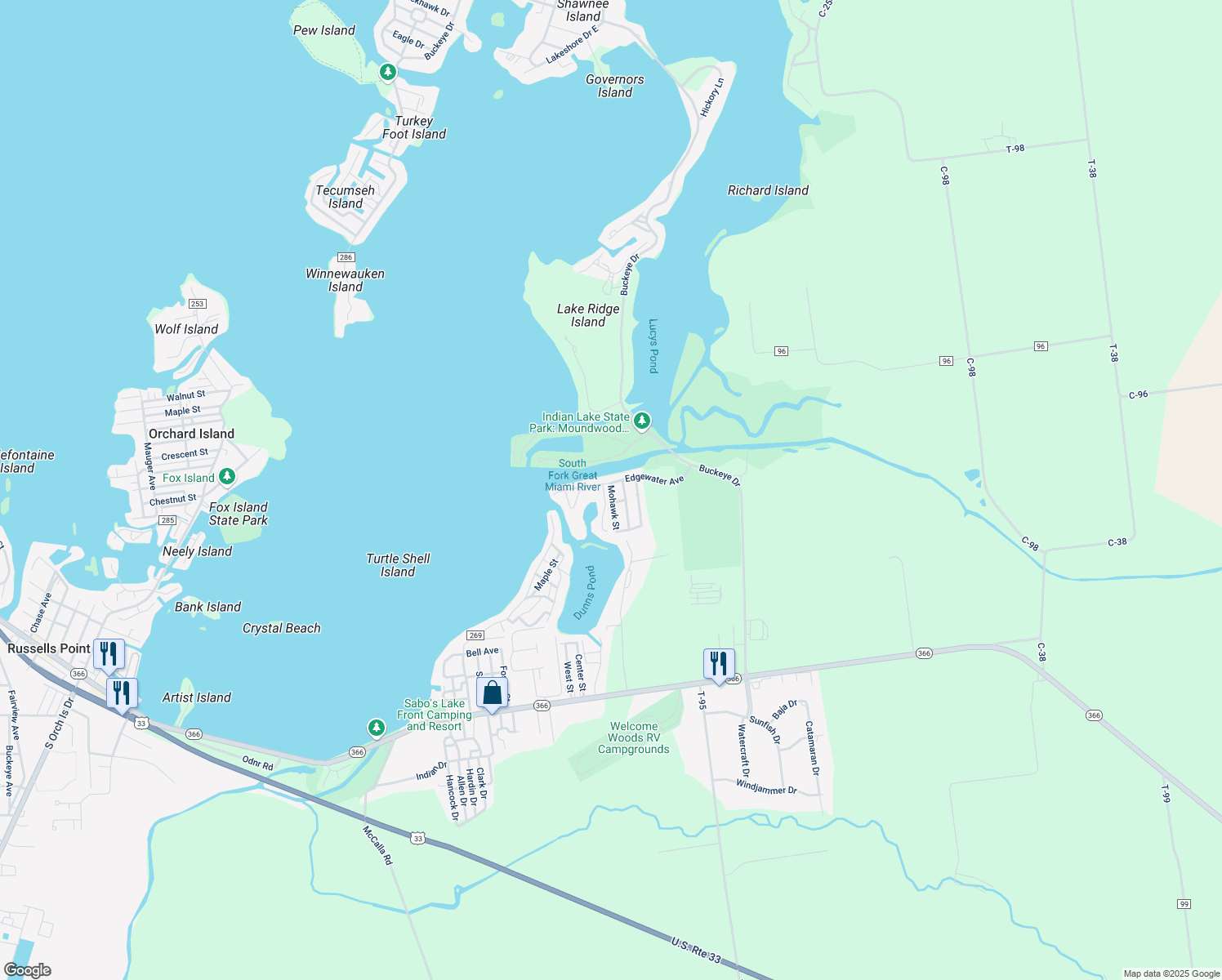 map of restaurants, bars, coffee shops, grocery stores, and more near 7698 Mohawk Ave in Russells Point
