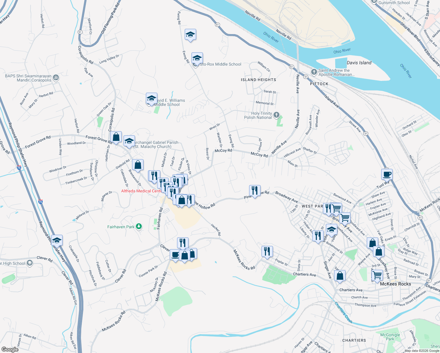 map of restaurants, bars, coffee shops, grocery stores, and more near 15 Highland Dr in McKees Rocks