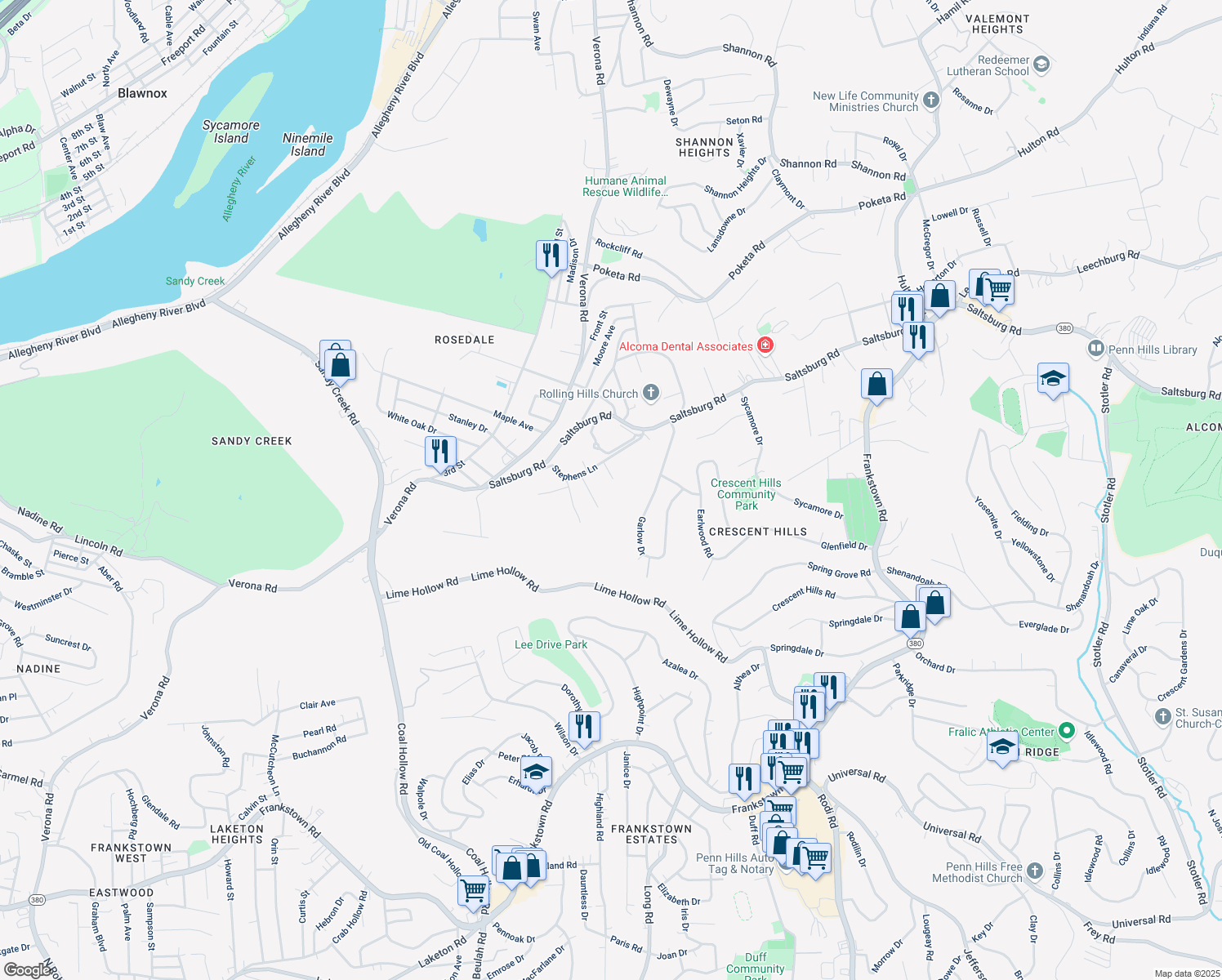 map of restaurants, bars, coffee shops, grocery stores, and more near 125 Cristie Drive in Verona