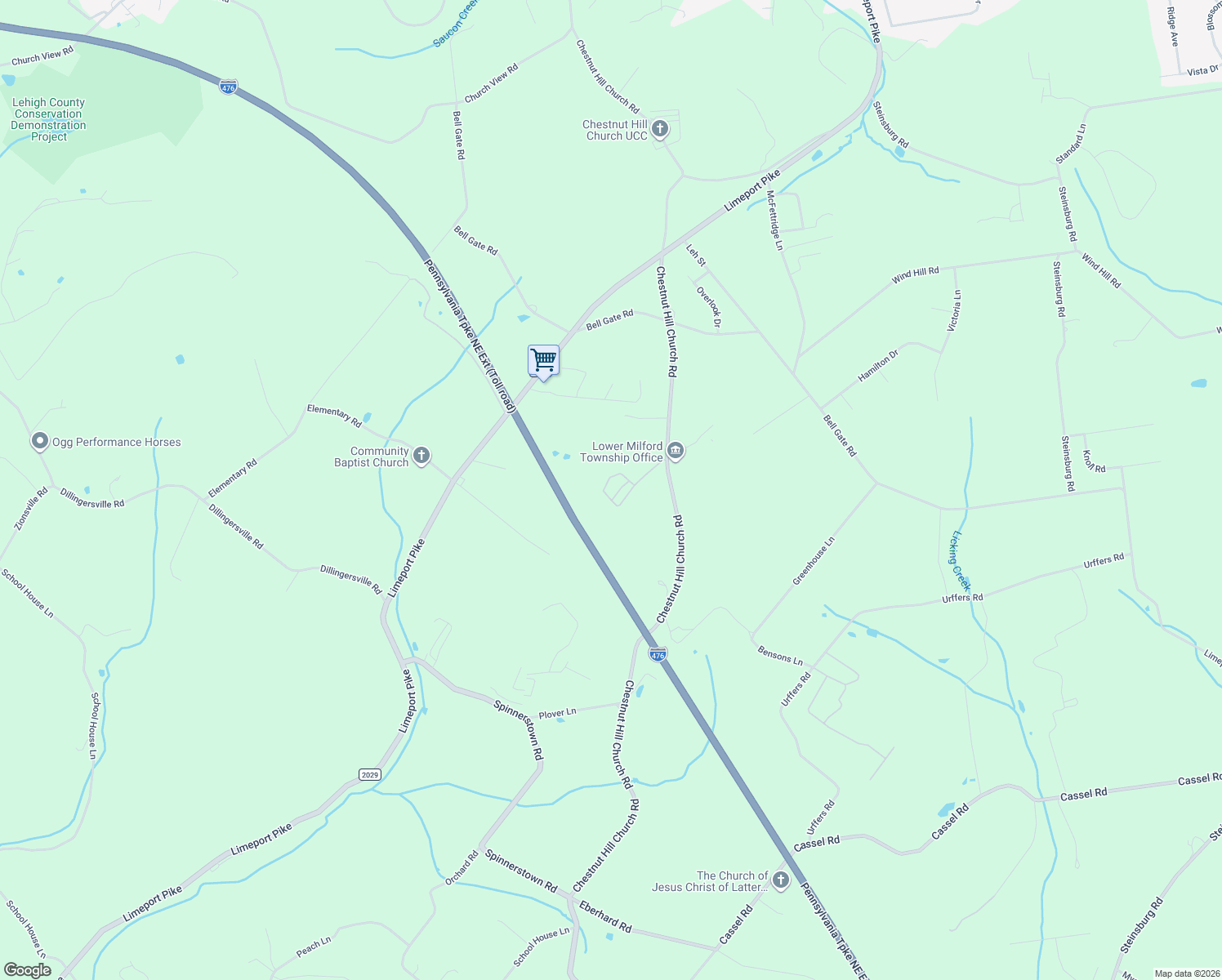 map of restaurants, bars, coffee shops, grocery stores, and more near 7594 Chestnut Hill Church Road in Coopersburg
