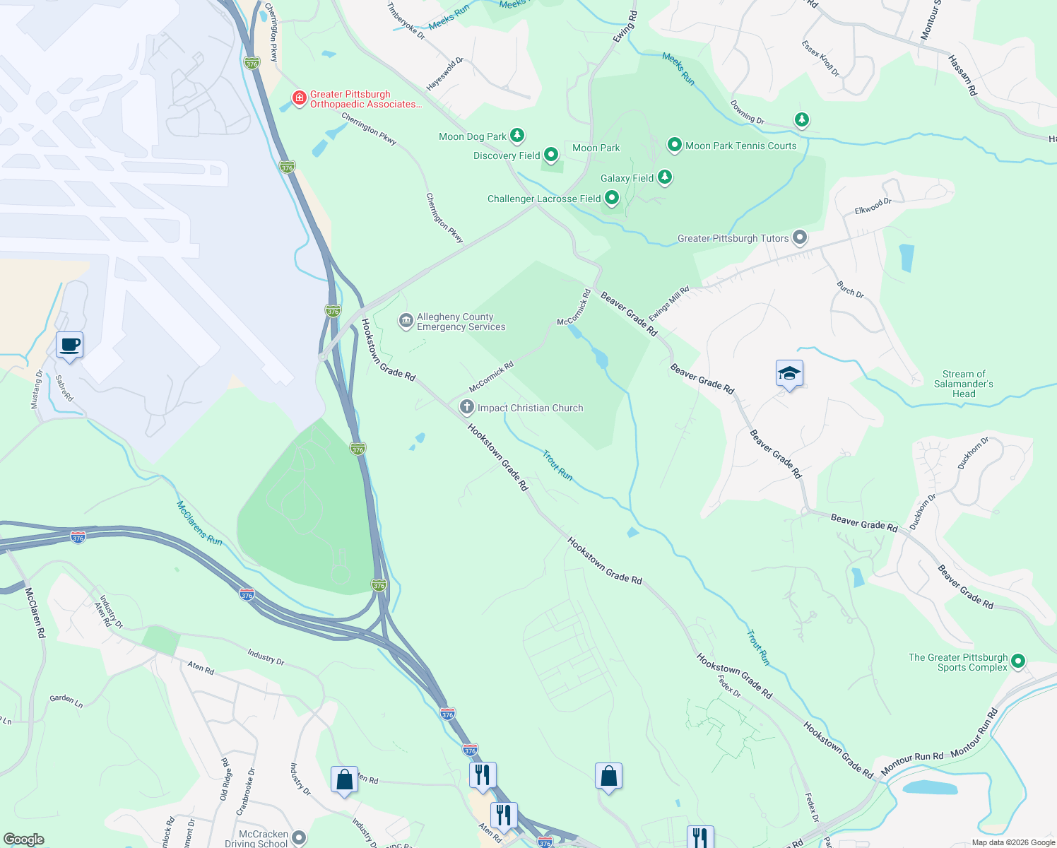 map of restaurants, bars, coffee shops, grocery stores, and more near 111 Tree View Drive in Allegheny County