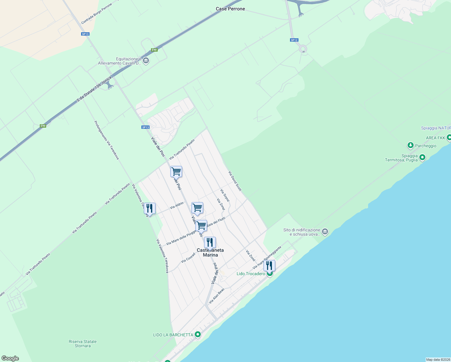 map of restaurants, bars, coffee shops, grocery stores, and more near 67 Via Schirra in Castellaneta Marina