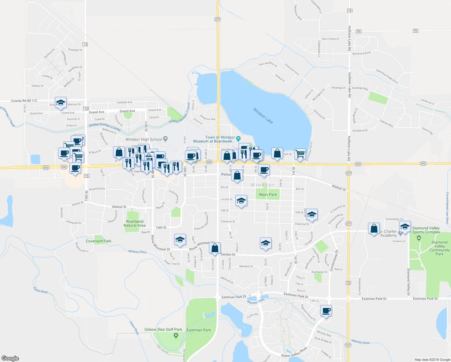 map of restaurants, bars, coffee shops, grocery stores, and more near 616 Elm Street in Windsor