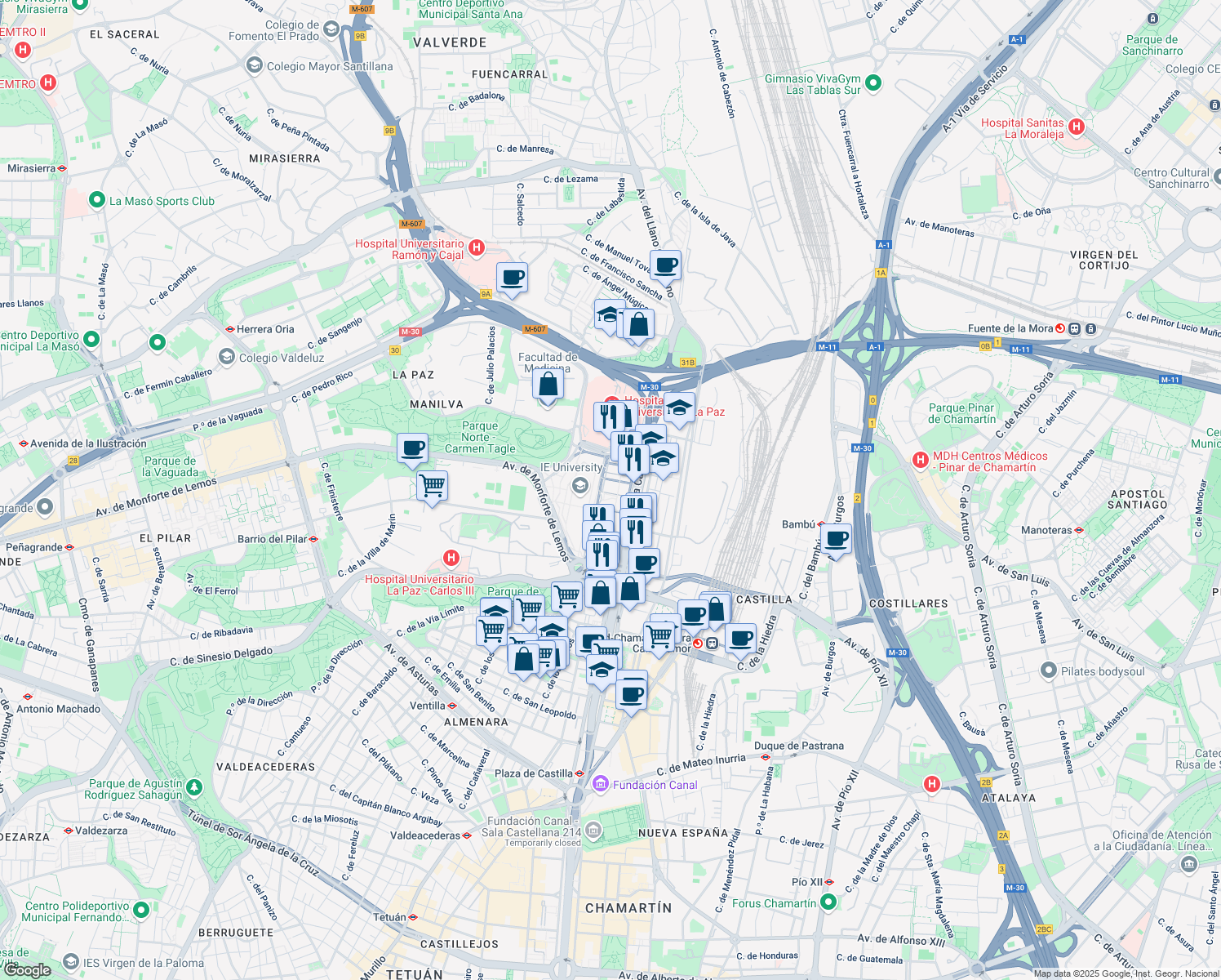 map of restaurants, bars, coffee shops, grocery stores, and more near 259C Paseo de la Castellana in Madrid