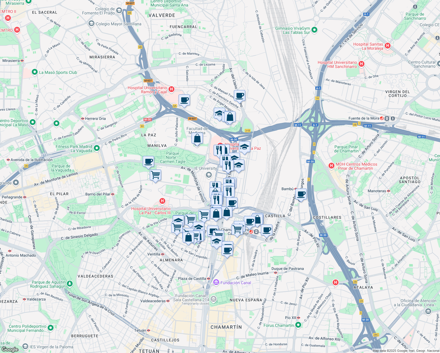 map of restaurants, bars, coffee shops, grocery stores, and more near 259C Paseo de la Castellana in Madrid