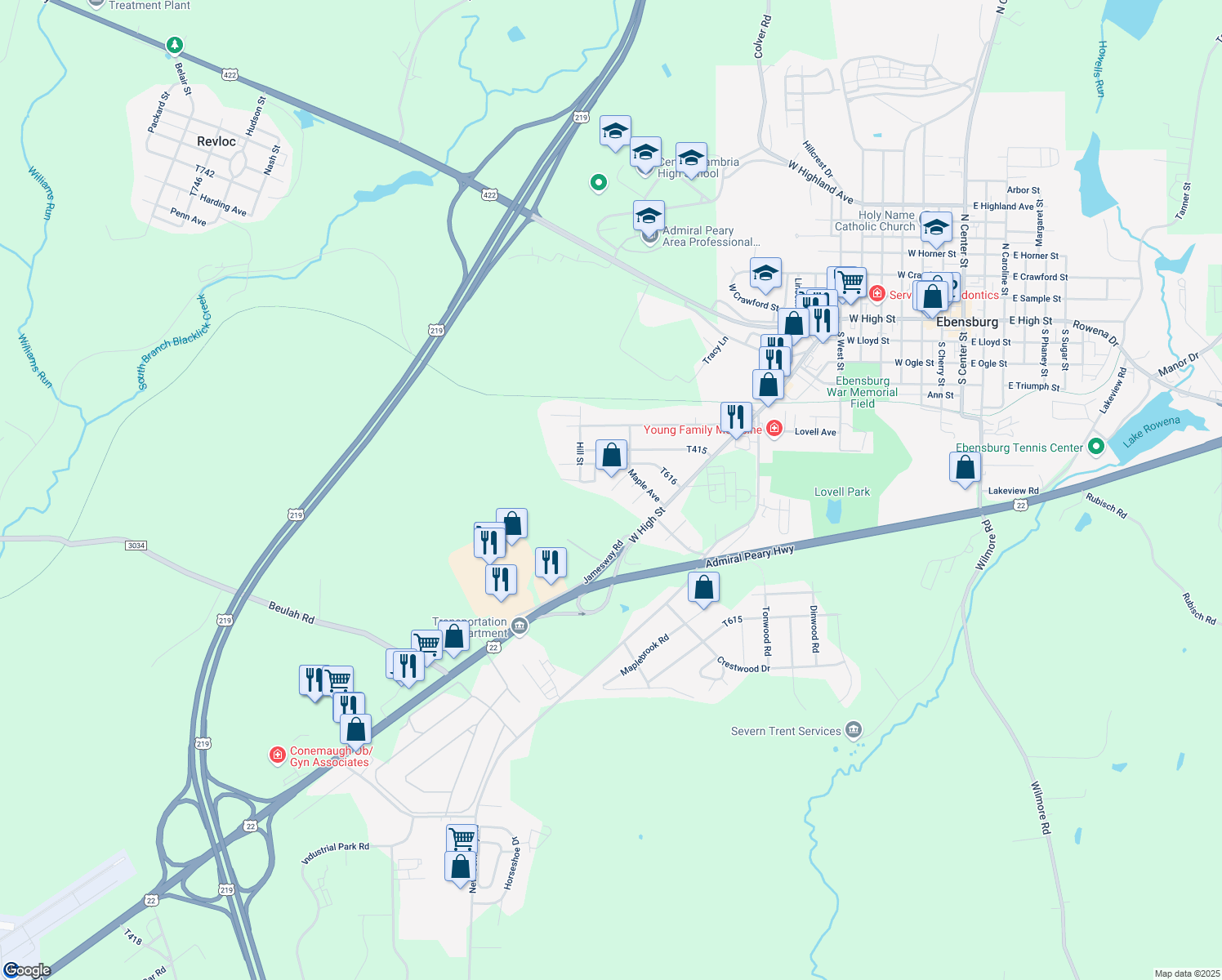 map of restaurants, bars, coffee shops, grocery stores, and more near 399 Pennview St in Ebensburg