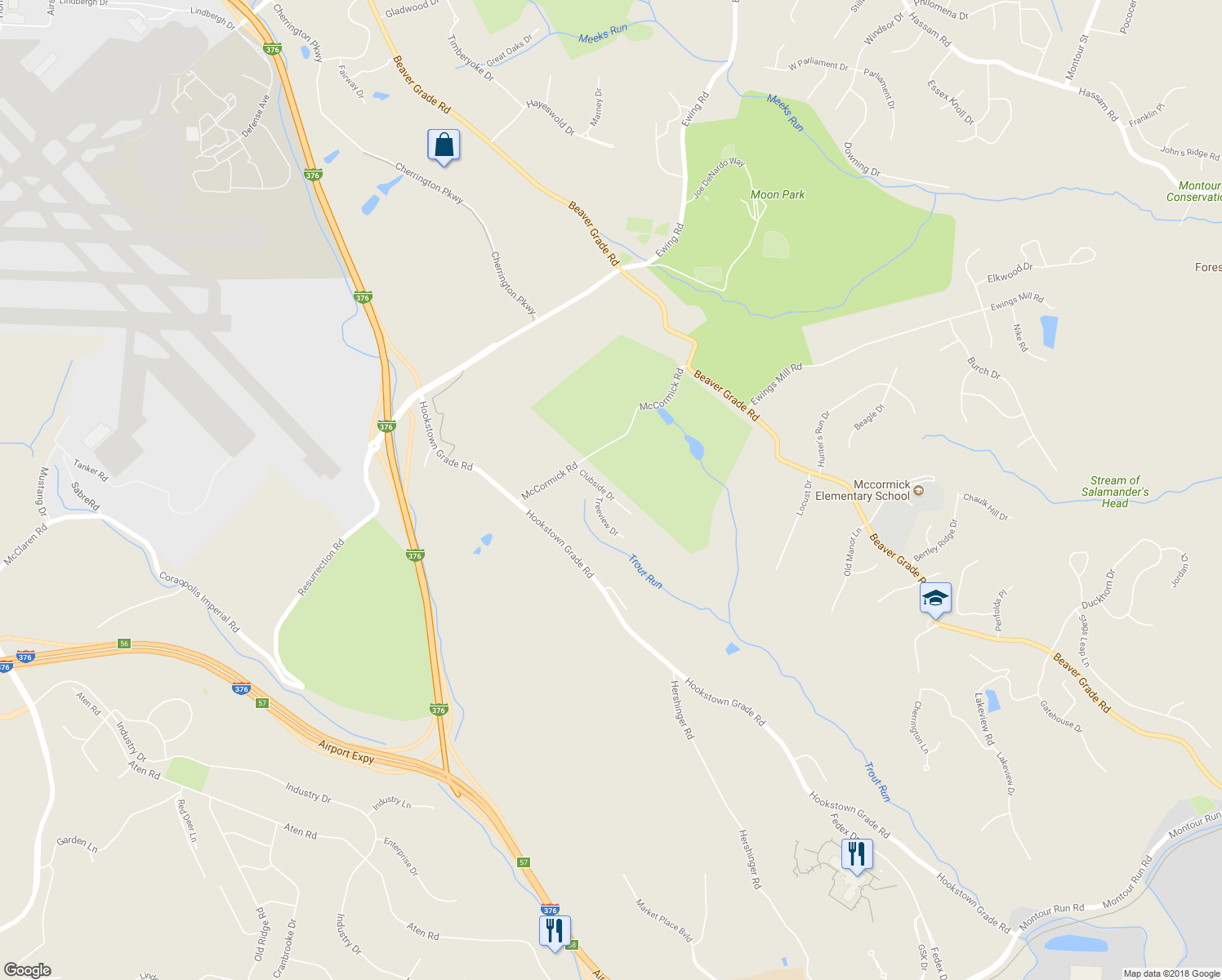 map of restaurants, bars, coffee shops, grocery stores, and more near 220 Clubside Drive in Coraopolis