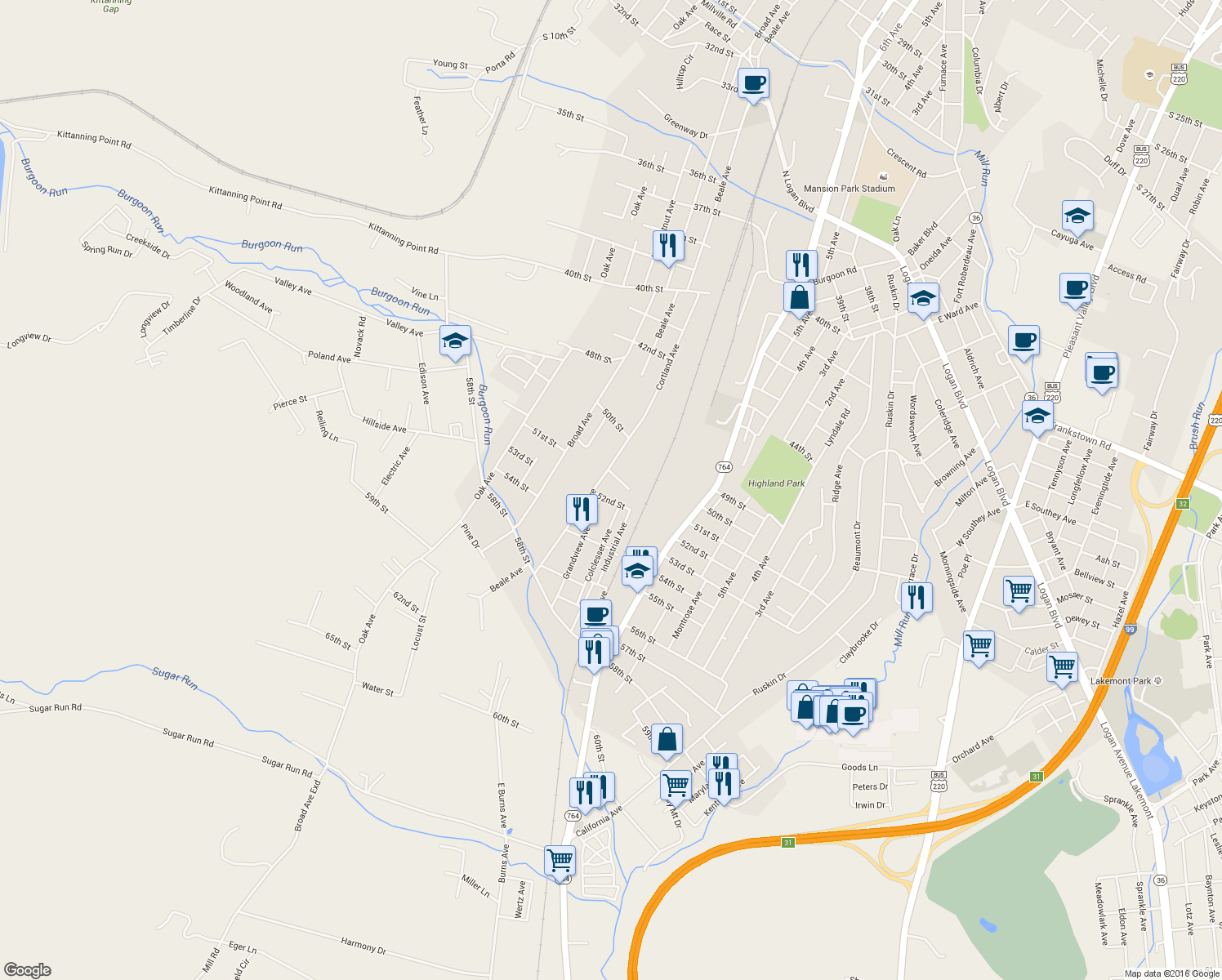 map of restaurants, bars, coffee shops, grocery stores, and more near 5119-21 Kissel Ave in Altoona