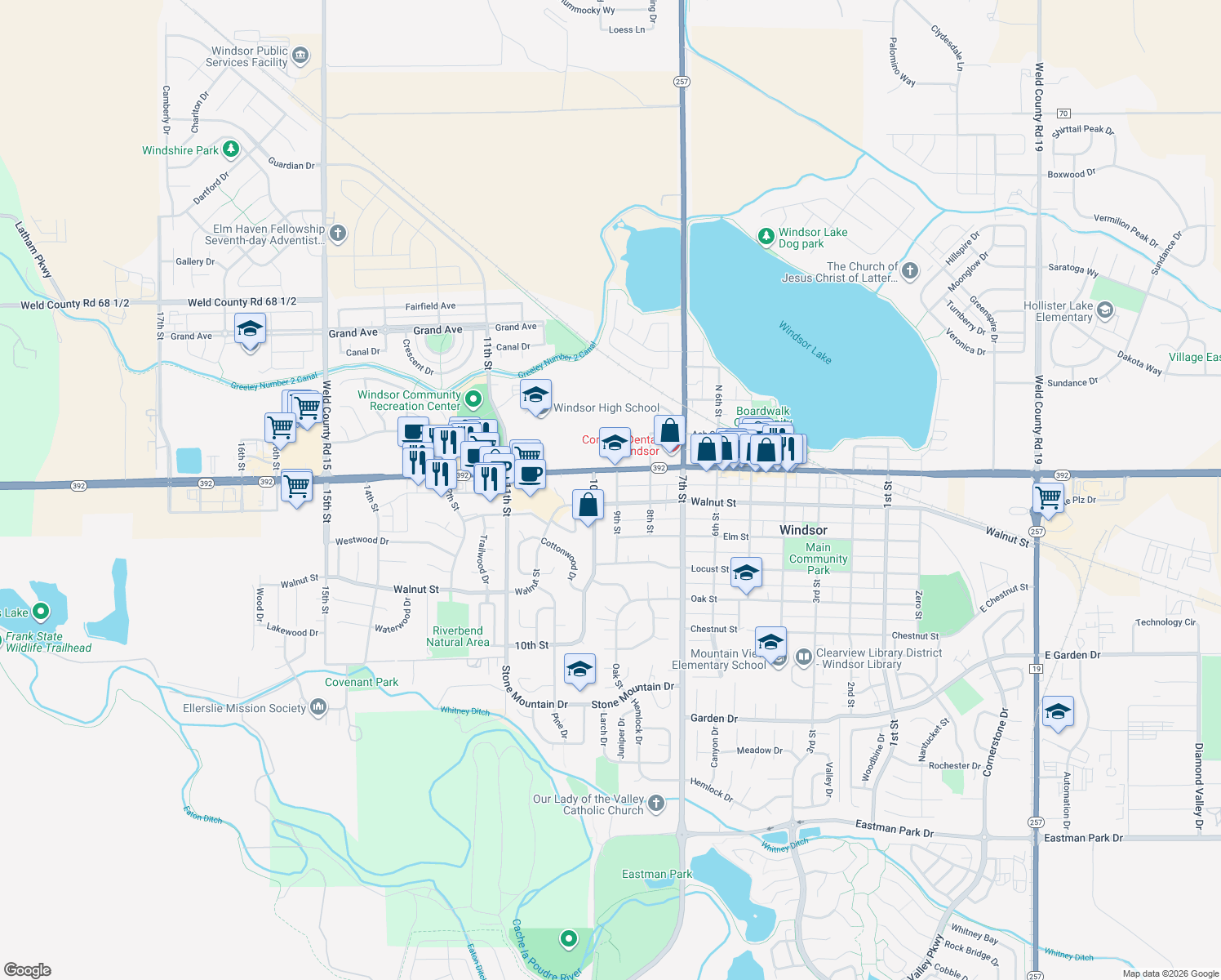 map of restaurants, bars, coffee shops, grocery stores, and more near 216 9th Street in Windsor