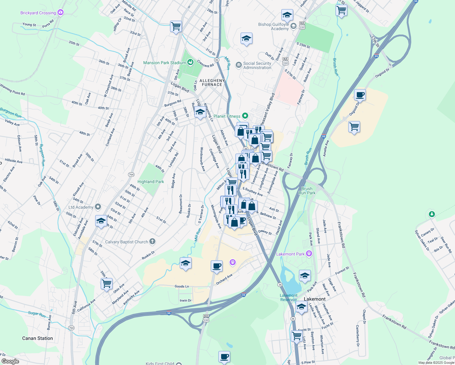 map of restaurants, bars, coffee shops, grocery stores, and more near 503 Coleridge Ave in Altoona