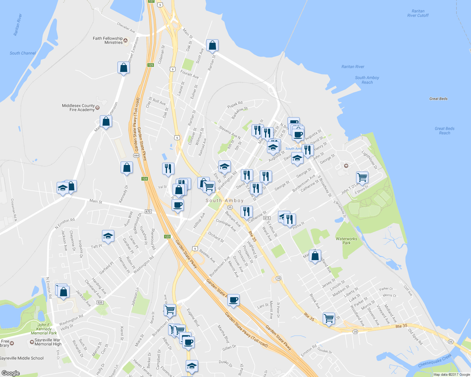 map of restaurants, bars, coffee shops, grocery stores, and more near 535 David Street in South Amboy