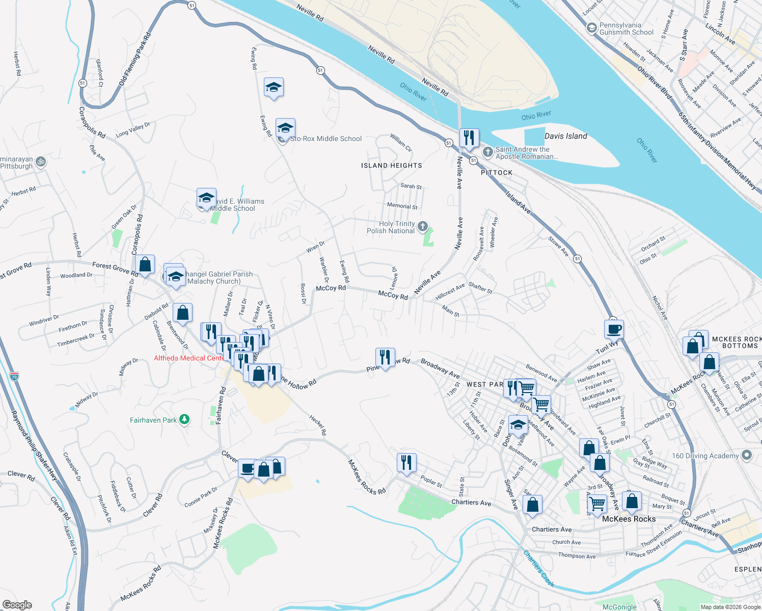 map of restaurants, bars, coffee shops, grocery stores, and more near 926 Al Smith Dr in McKees Rocks