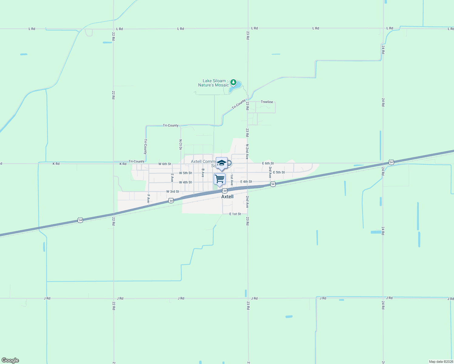 map of restaurants, bars, coffee shops, grocery stores, and more near 49 E 4th St in Axtell