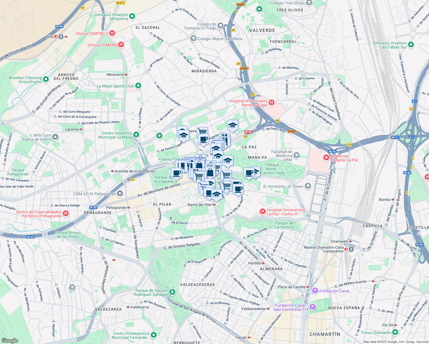 map of restaurants, bars, coffee shops, grocery stores, and more near 28 Avenida de Monforte de Lemos in Madrid