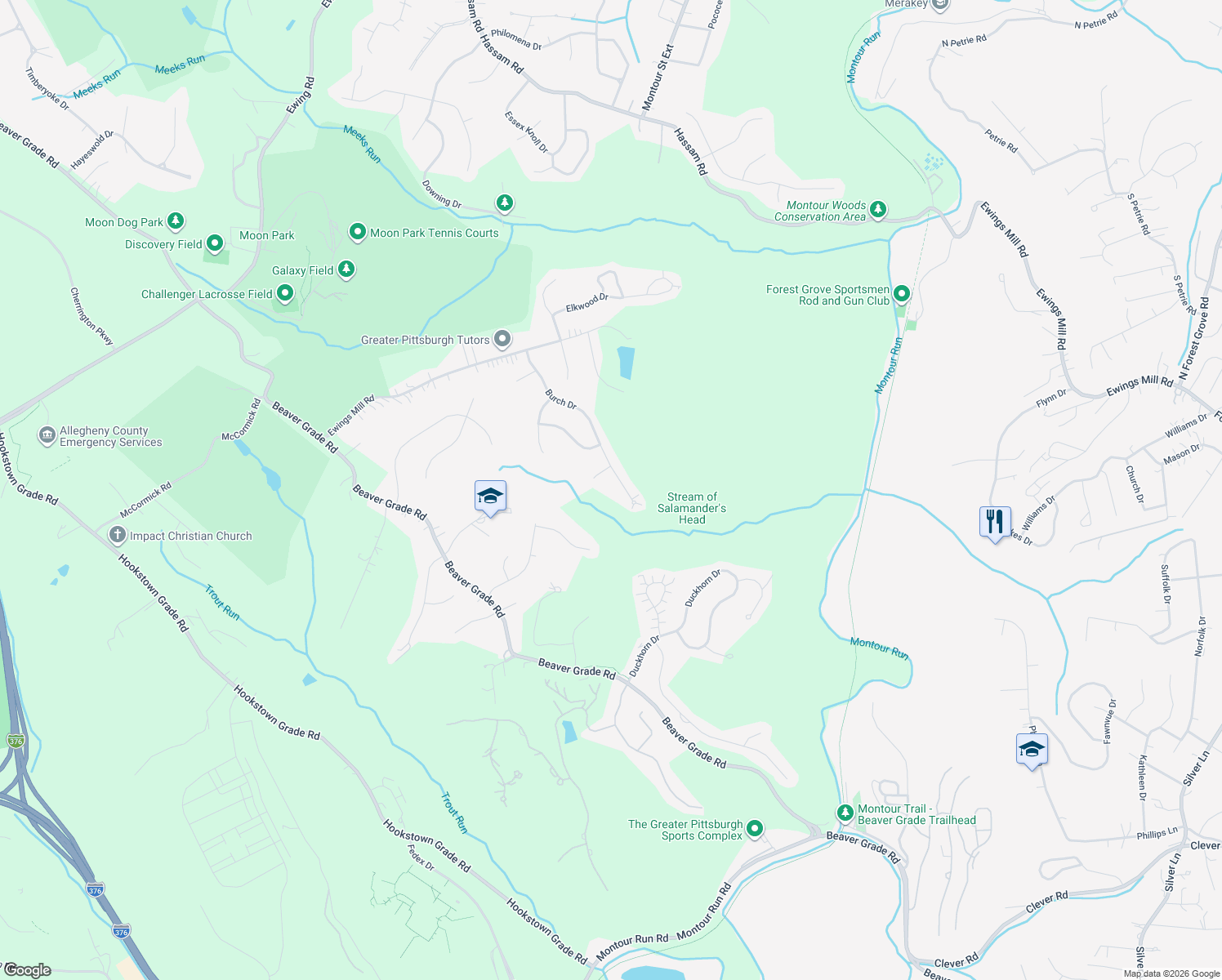 map of restaurants, bars, coffee shops, grocery stores, and more near 264 Burch Drive in Coraopolis