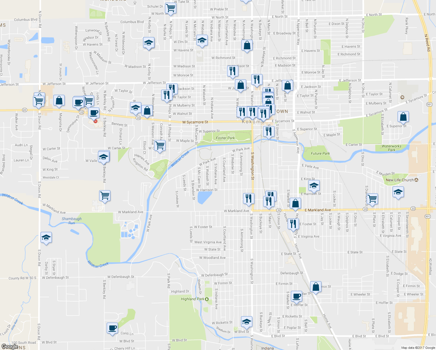 map of restaurants, bars, coffee shops, grocery stores, and more near 624 South Indiana Avenue in Kokomo
