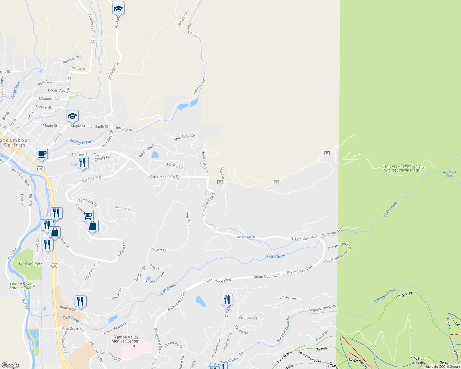 map of restaurants, bars, coffee shops, grocery stores, and more near 1975 Fish Creek Falls Road in Steamboat Springs