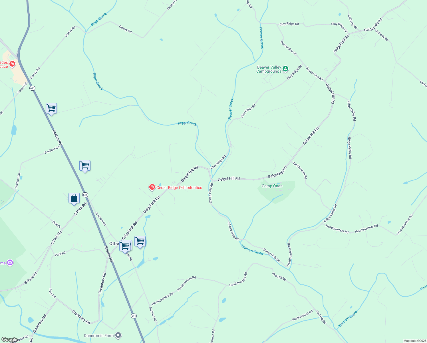 map of restaurants, bars, coffee shops, grocery stores, and more near 657 Geigel Hill Road in Ottsville