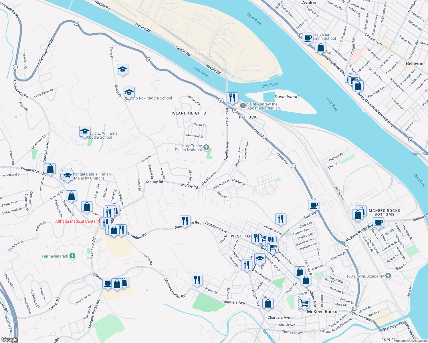 map of restaurants, bars, coffee shops, grocery stores, and more near 101 Neville Avenue in McKees Rocks