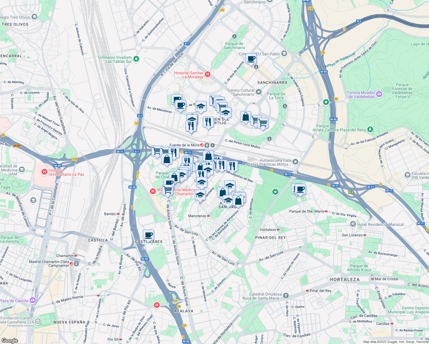 map of restaurants, bars, coffee shops, grocery stores, and more near 73 Calle del Golfo de Salónica in Madrid